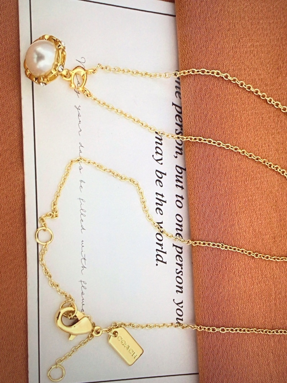 COACH Gold Pearl Charm Necklace - Gold and White - Picture 4 of 5